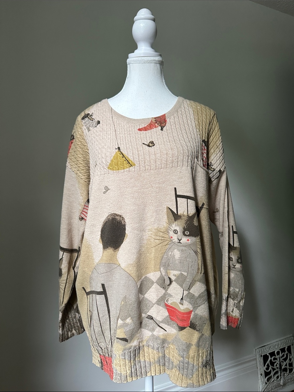 NESS "Dinner for Two" Artsy Cat Maximalist Funky Unique Ribbed Long Sleeve Small